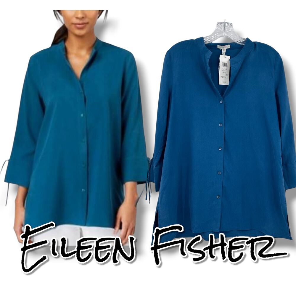 Eileen Fisher NWT XS Fuji Silk Tunic Shirt Dark Jewel Blue Tie Cuff $278 Luxury